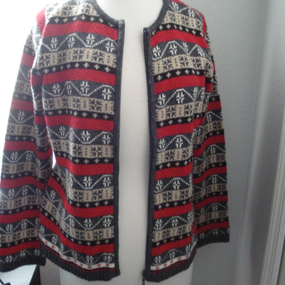 Zip Front Wool Blend Sweater Red Grey Beige